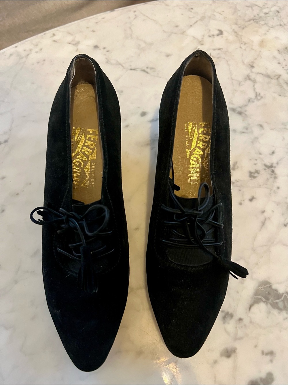 Salvatore Ferragamo Black Suede Lace-Up Pointed Flats